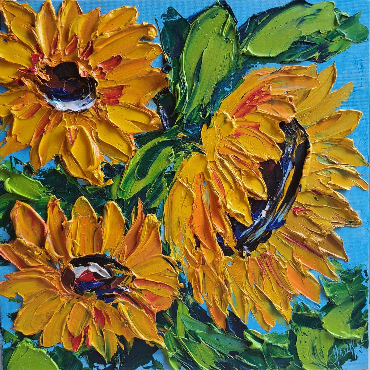 Impressionistic Botanical Oil Painting By Oksana Fedorova, 10 X 10", Sunflowers Impasto, Original Artwork