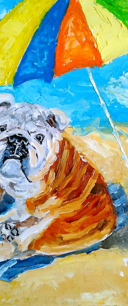 Beach season, Bulldog Painting Original Art Funny Pet Artwork Beach Wall Art English Bulldog on the beach by Yulia Berseneva