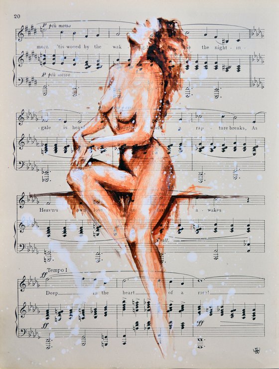 Nude 1 - Looking For The Sun - Collage Art on Vintage Music Sheet Page