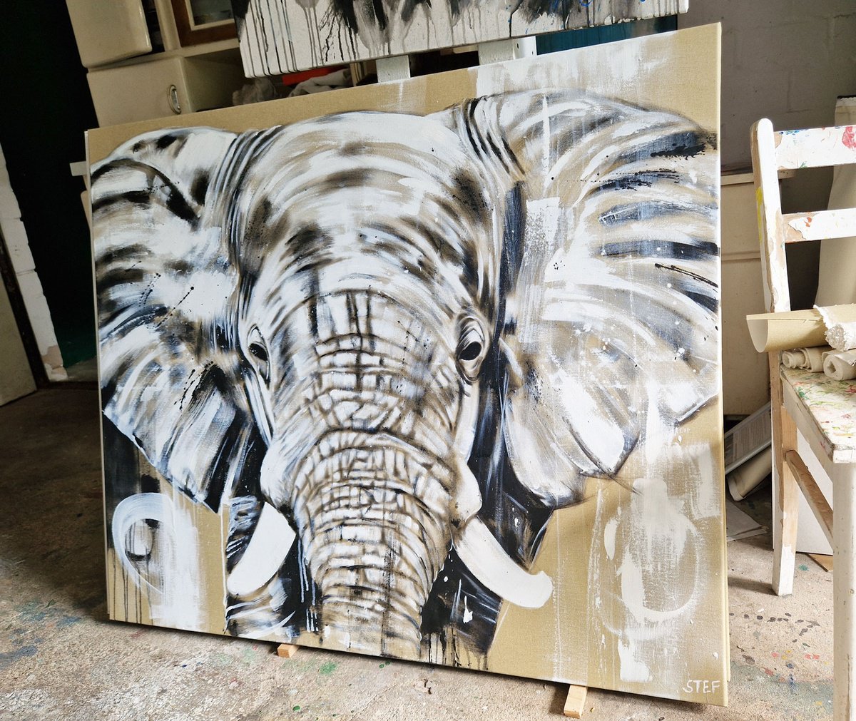 Expressive Animal Acrylic Painting By Stefanie Rogge, 47 X 39", Elephant #28 - Wildlife Art, Original Artwork