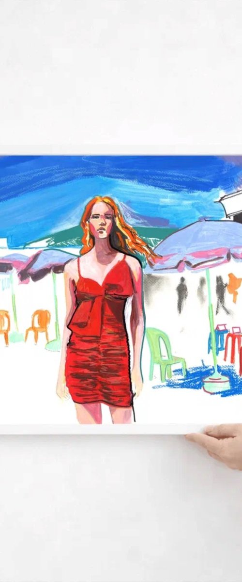 Woman in Red Dress at Outdoor Café by Sasha Robinson