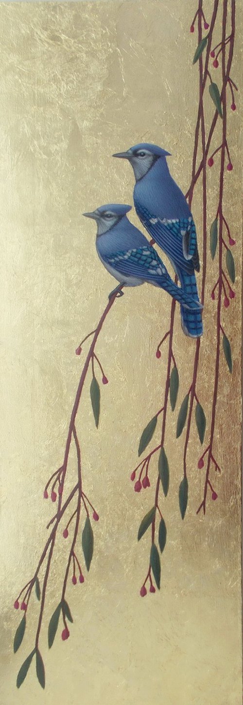 bird painting "Blue jays on the branches of a flowering tree" by Tatyana Mironova