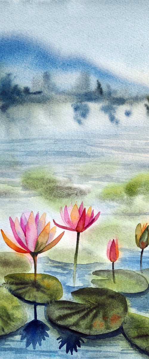 Misty lotus pond by Delnara El