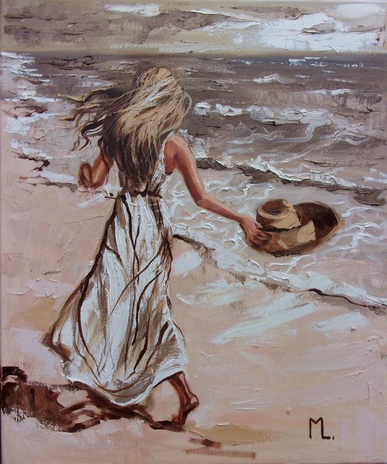 " PLAYING WITH THE WIND " SUN SKY SEA SAND liGHt  ORIGINAL OIL PAINTING, GIFT, PALETTE KNIFE