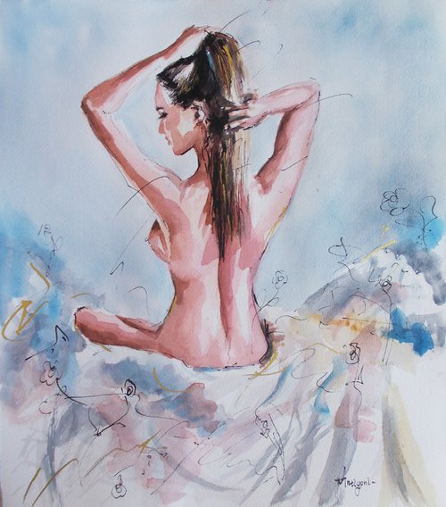Elegance Awaits III -  Woman Painting on Paper by Antigoni Tziora