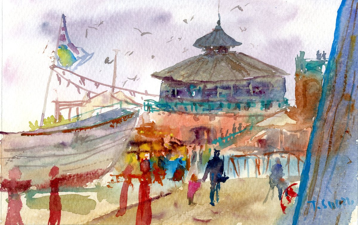 Impressionistic Watercolour , Life On The Brighton Seaside By Tanya Sun, 12 X 8, Artwork For Sale On Artfinder