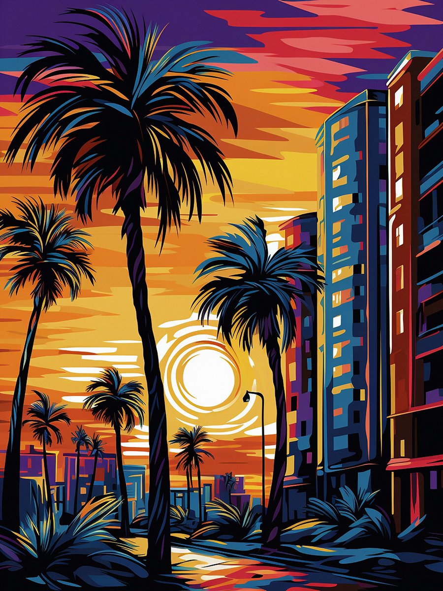 Impressionistic Landscape Acrylic Painting By Kosta Morr, 24 X 31", Palm Trees In The City, Original Artwork