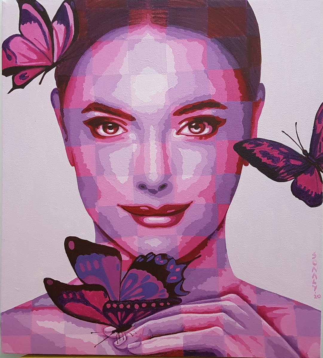 Urban And Pop Portrait Acrylic Painting By Sonaly Gandhi, 18 X 20", Lady And Butterflies, Original Artwork
