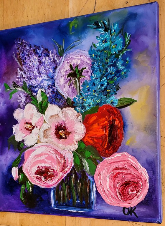 BOUQUET OF SUMMER FLOWERS pink rose white hibiscus, red poppy, urple lilac , delphinium modern Still life Dutch style office home decor gift