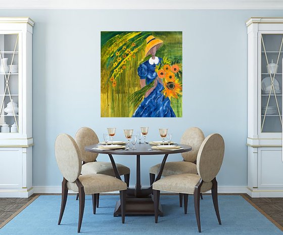 Woman with Sunflowers Painting