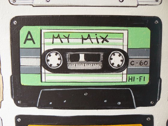 My mix (cassette tapes, retro music, 70's, 80's rock culture, large canvas artwork)