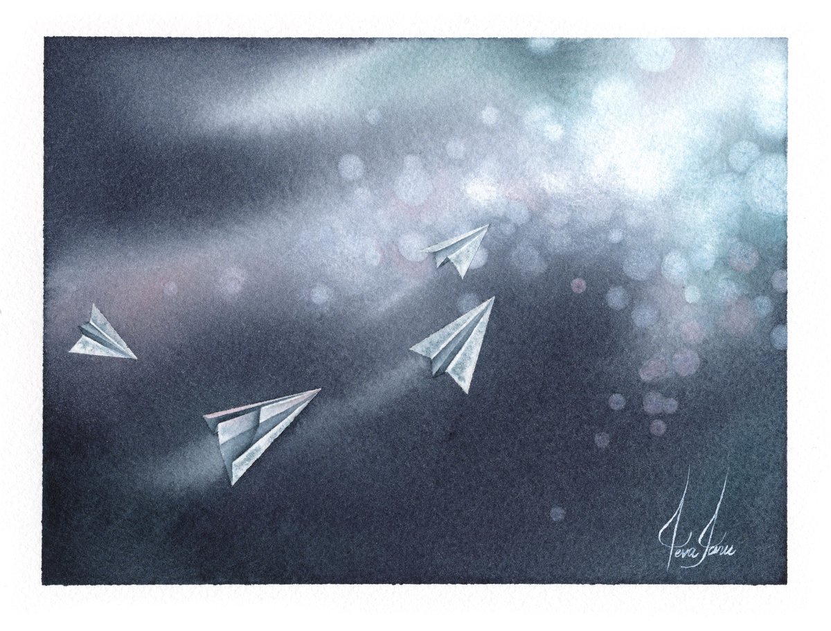 Promises XIV - Origami Paper Plane Watercolor by ieva Janu