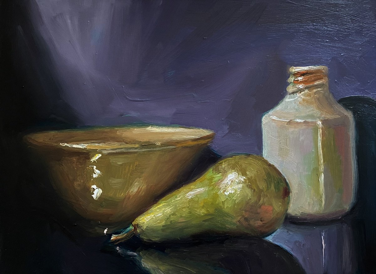 Original oil painting Pear with Japanese Bowl, still life. by Jackie Smith