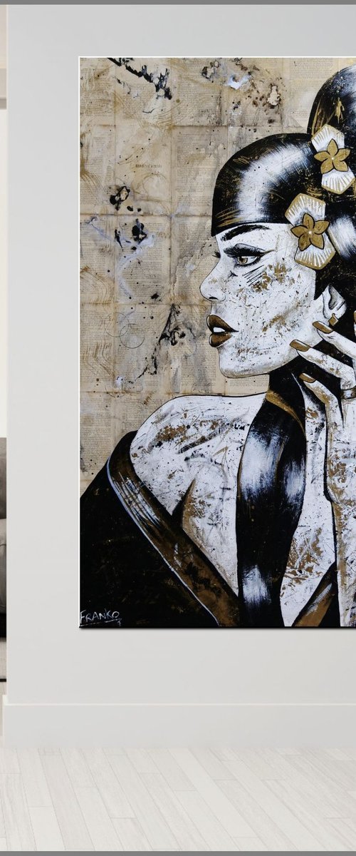 Golden Elegance 120cm x 150cm Geisha Book Page Urban Pop Art by Franko