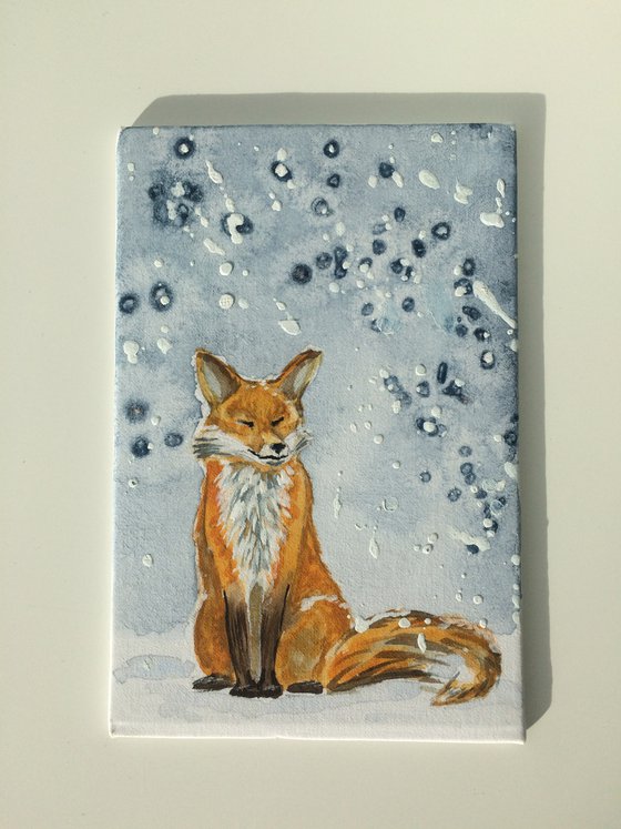 Fox portrait - Animal in winter forest - Small watercolor on canvas board - Framed artwork - Gift idea for animal lover