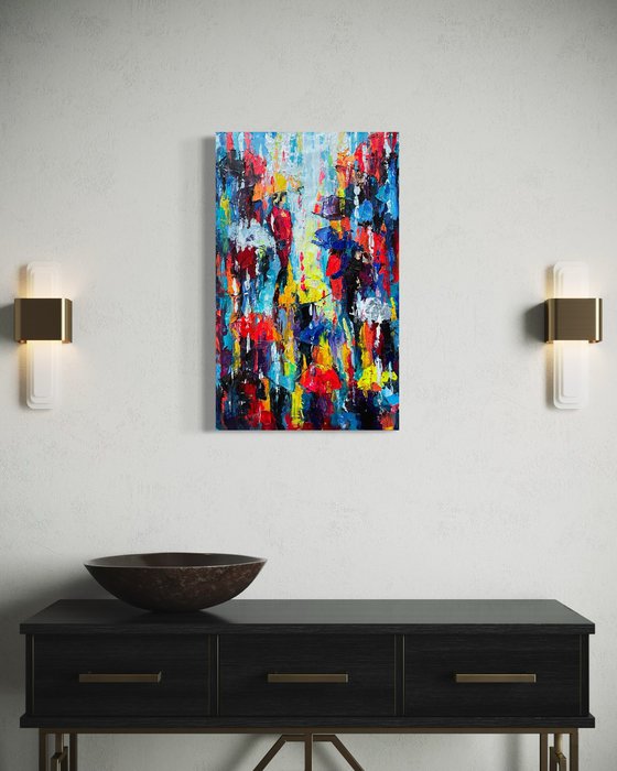 Bright umbrellas. Lady in pink