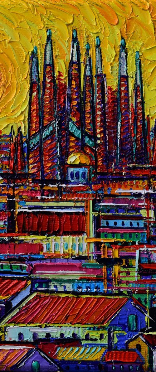 SAGRADA FAMILIA AT SUNSET BARCELONA ABSTRACT CITYSCAPE 177 textured impasto palette knife oil painting on 3D canvas Ana Maria Edulescu by ANA MARIA EDULESCU