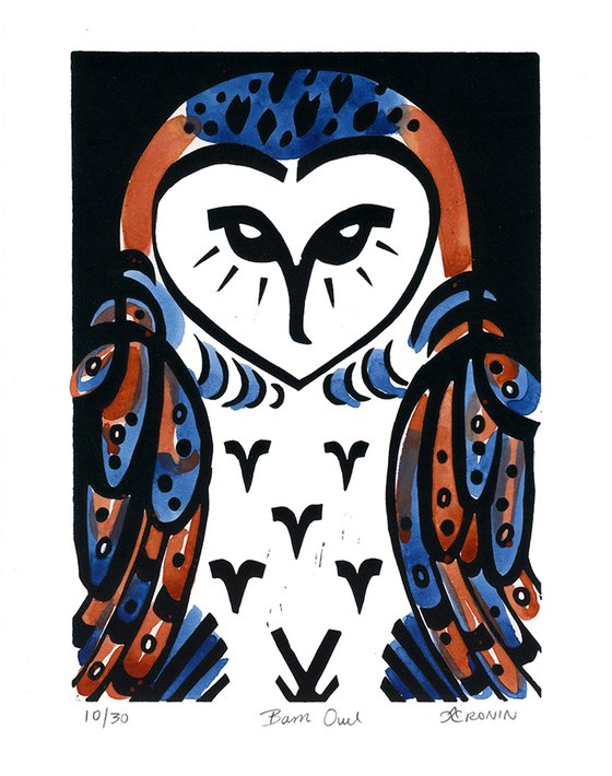 Framed Barn Owl limited edition linocut (coloured 10/30)