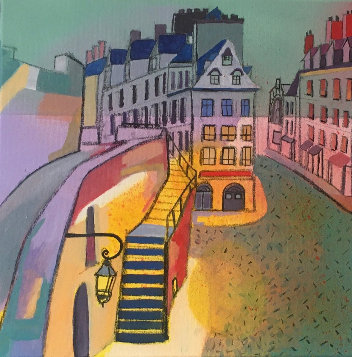 Illustrative Cityscapes Acrylic Painting By Chihiro Kinjo, 16 X 16, St Marco1, Original Artwork