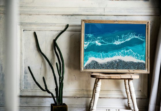 Blue shell beach - original seascape epoxy resin artwork