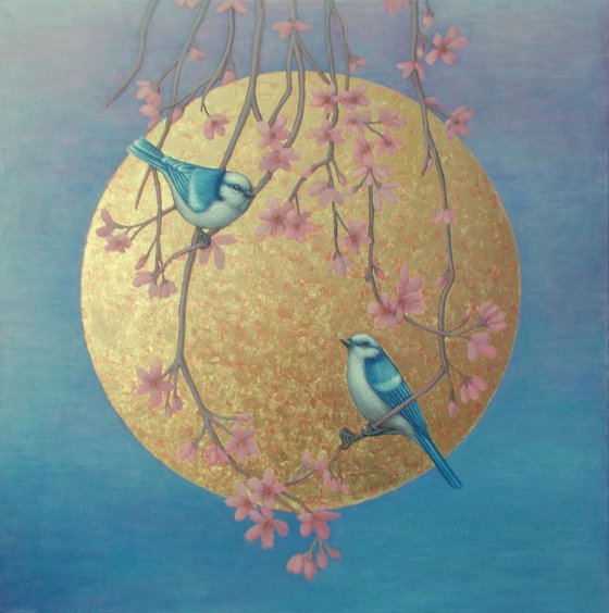 birds painting "Birds on the branches of a blossoming apple tree"