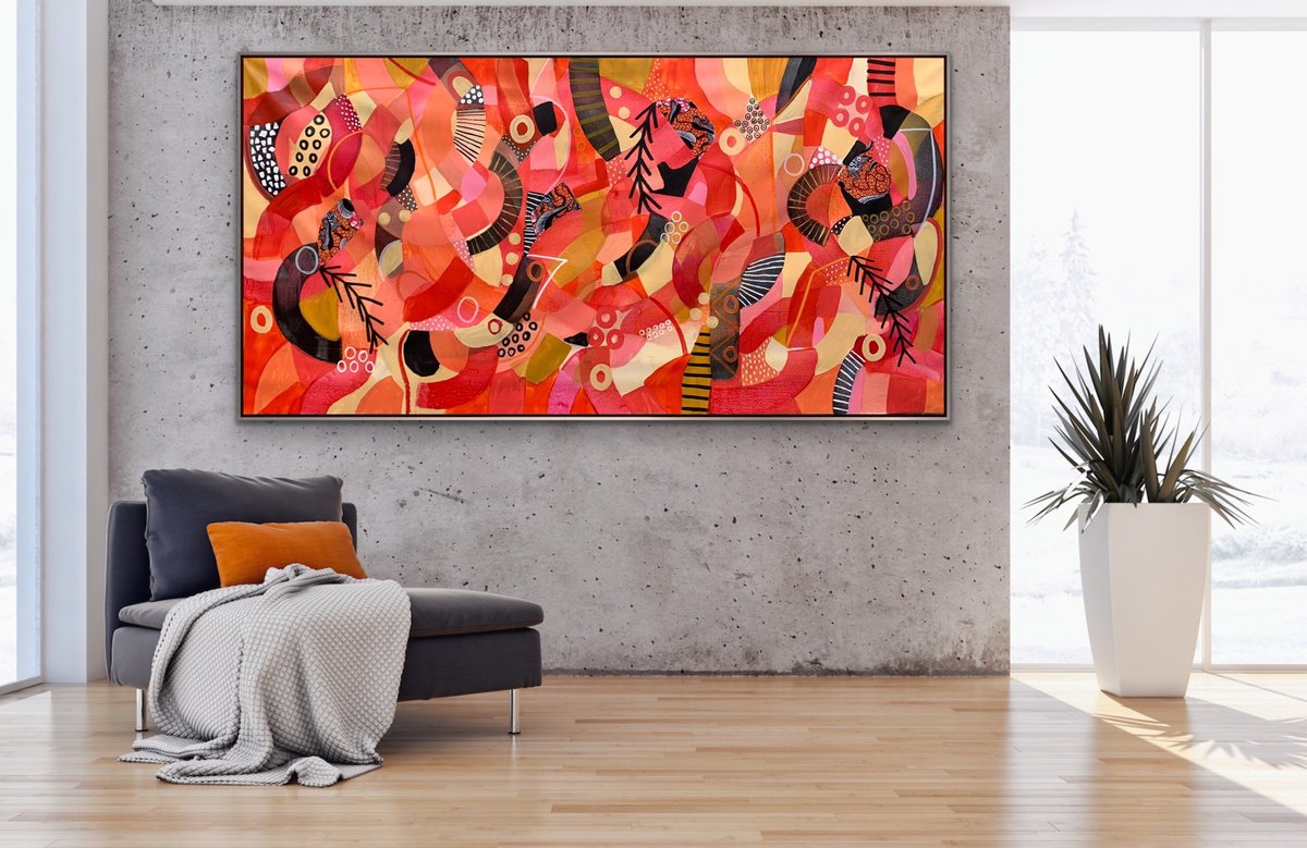 Organic Abstract Acrylic Painting By Rashna Hackett, 72 X 36", Cinnabar, Original Artwork