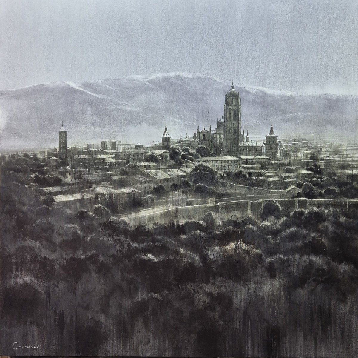 Expressive Cityscapes Oil Painting By Rafael Carrascal, 31 X 31", Dreamlike, Original Artwork