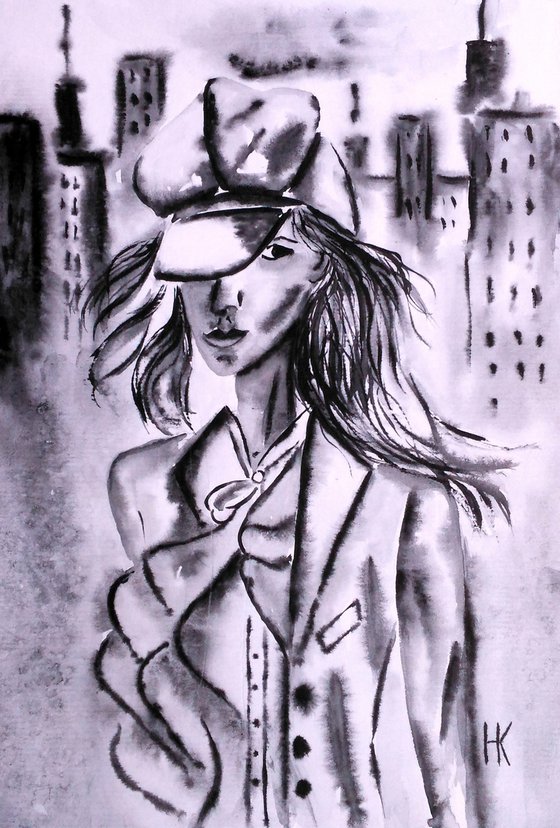 New Yorker Painting Portrait Original Art Girl Portrait Watercolor Woman Artwork City Life Small Home Wall Art 8 by 11" by Halyna Kirichenko