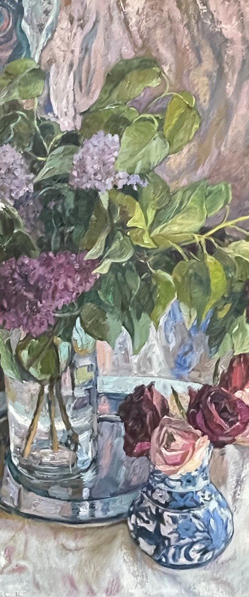 Spring still life with ornamental fabric by Nadezda Stupina