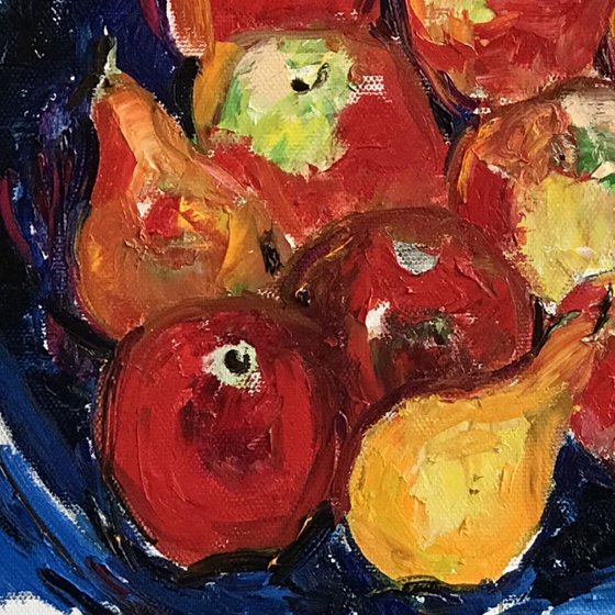 BLUE and RED - Still- life with fruits, original oil painting, mediim size gift, kitchen restaurant living room, dining room, birthday gift, apple pear, 73x85cm