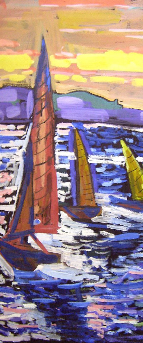 Yachts, original gouache painting 50x70 cm by Nastasia Chertkova
