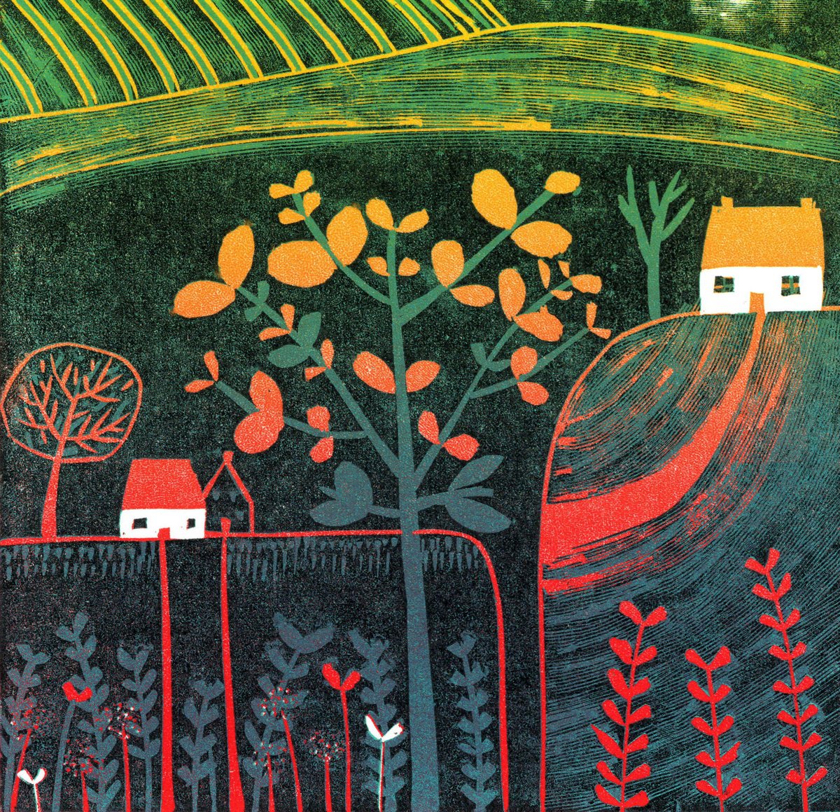 Illustrative Landscape Linocut By Layla Khani (Aka Laylart), 6 X 6", 