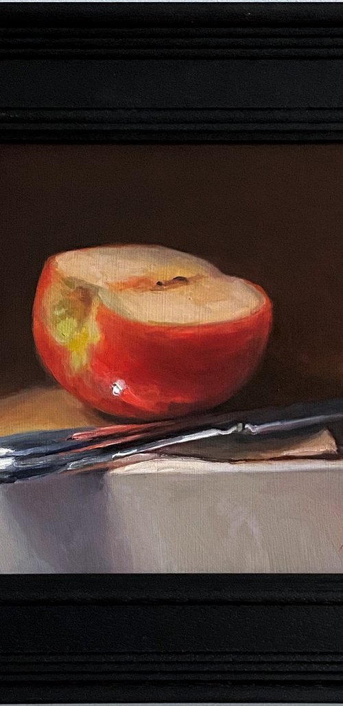 Apple Half, with Silver Knife; Framed & ready to hang home decor gift oil painting. by Jackie Smith