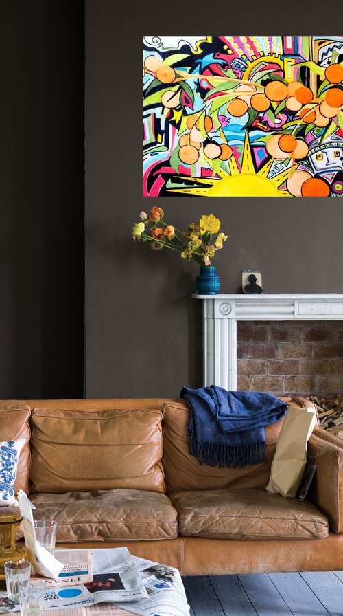 Orange tree with cityscape- large size 120 x 50 x4 cm ( 47' x 20 'x 1.5) by Carlo Toma