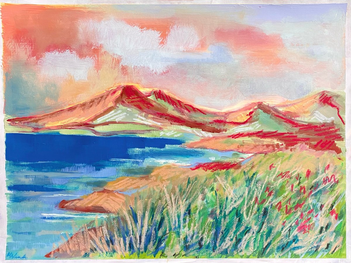 Expressive Landscape Oil Painting By Mara Wanda, 16 X 12", Sunset Mountains, Original Artwork