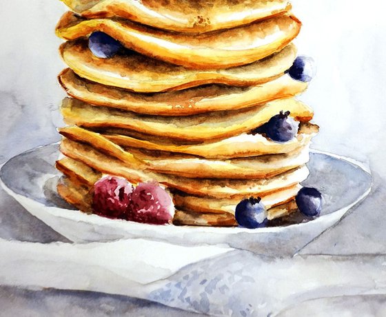 Pancakes ORIGINAL Watercolor Painting, Aquarelle Food Art