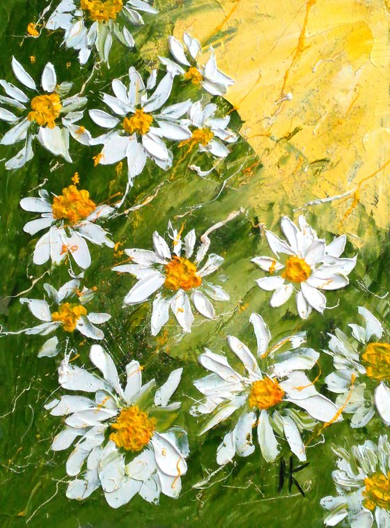 Daisy Painting Floral Original Art OIl Painting Chamomile Meadow Abstract Flowers Impasto Pallete Knife Small Home Wall Art 6 by 8"