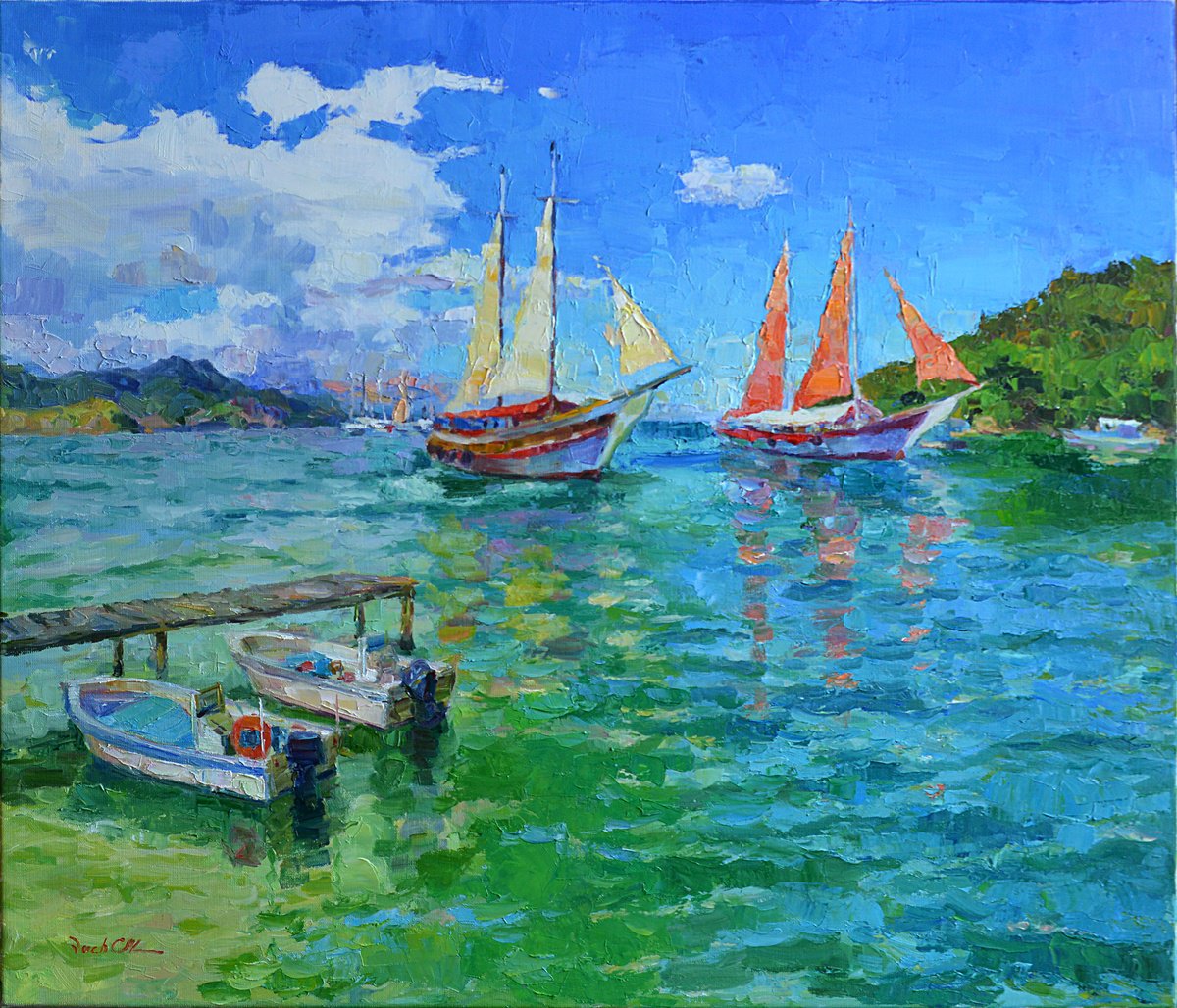 Impressionistic Landscape Oil Painting By Vachagan Manukyan, 28 X 24", Harbour, Original Artwork