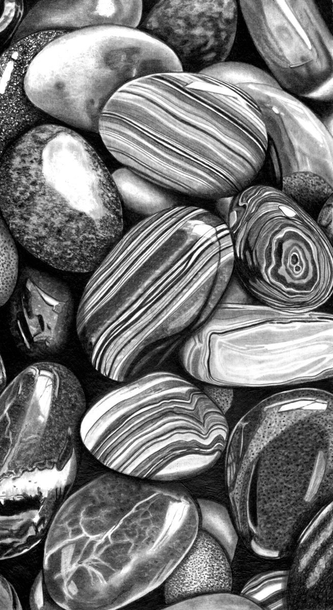Photorealistic Still Life Pencil Drawing By Paul Stowe, 8 X 15", Wet Pebbles Ii 2025, Original Artwork