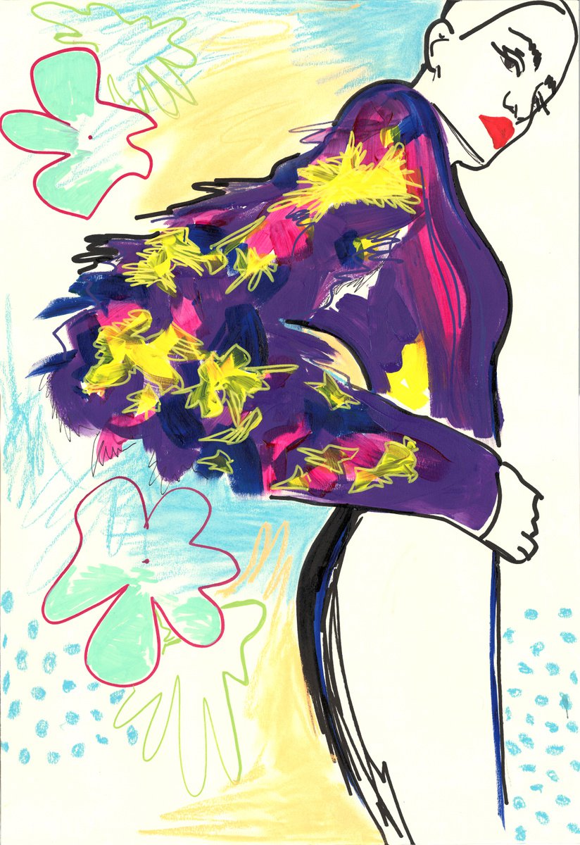PURPLE FLOWERS - acrylic drawing on paper, original gift, black woman, fashion, woman, wal... by Sasha Robinson