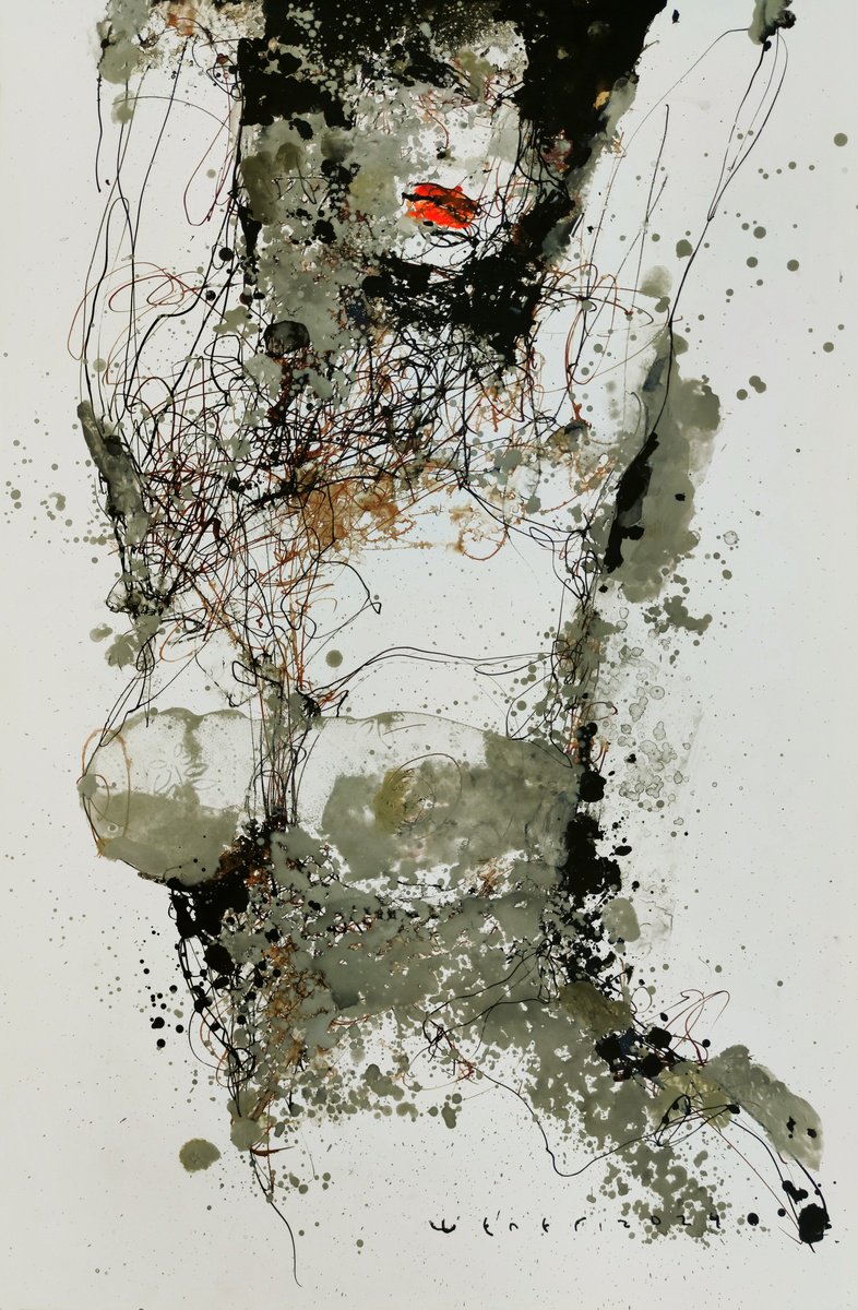 Expressive Portrait Ink Drawing By Victor Sheleg, 17 X 25", Blot Art-5, Original Artwork