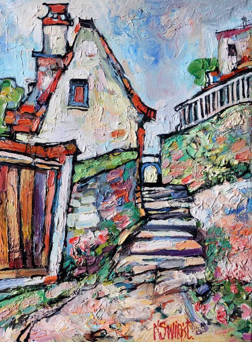 Impressionistic Cityscapes Oil Painting By Nikifor Swiristuhin, 12 X 16", Beynac. France., Original Artwork