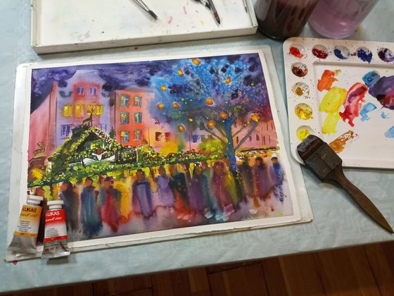 Christmas Market in Cologne Watercolor Painting Semi Abstract Wall Art
