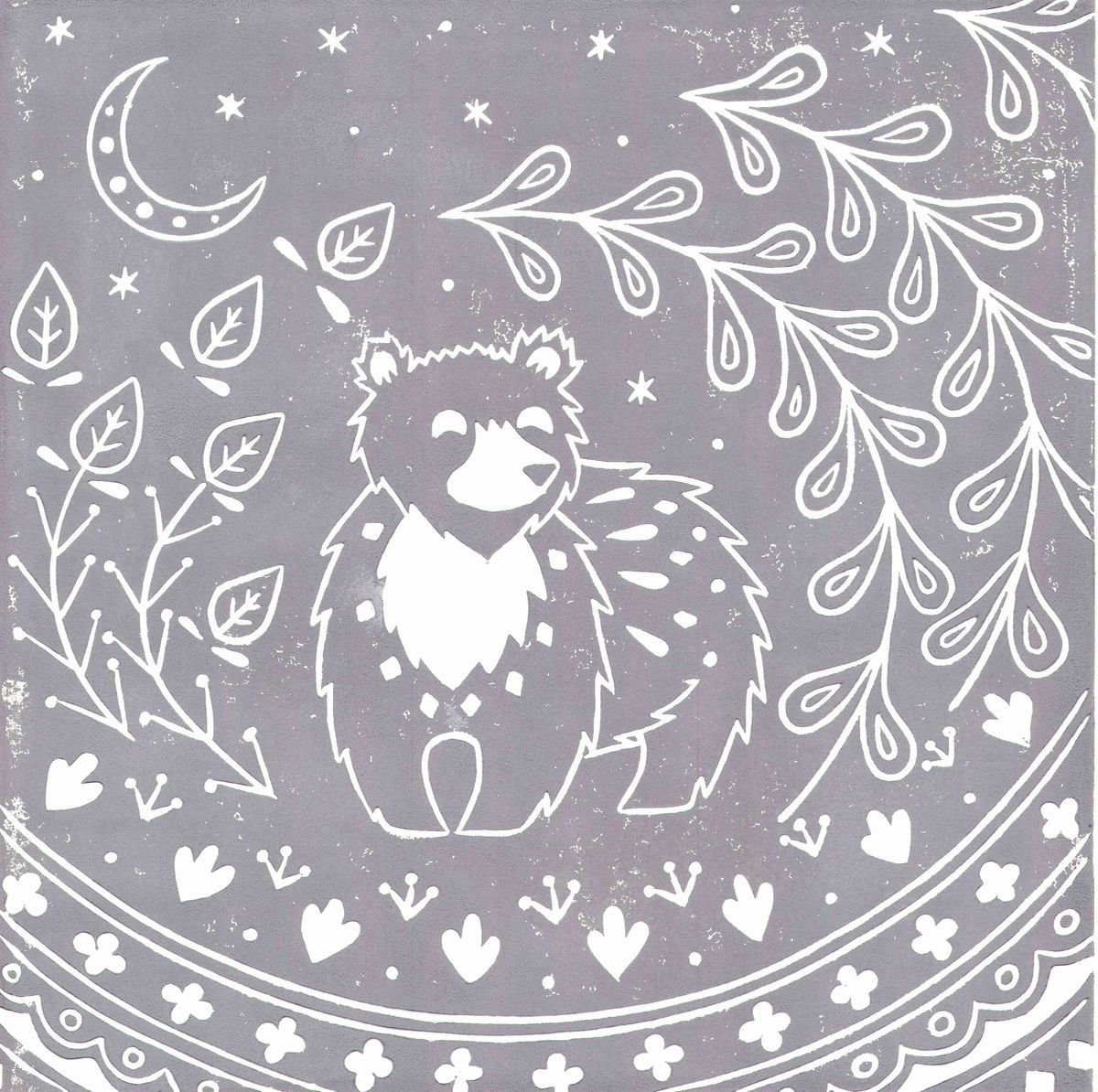 Leon Bear in grey, limited edition scandinavian folk art, linocut print by Katie Farrell