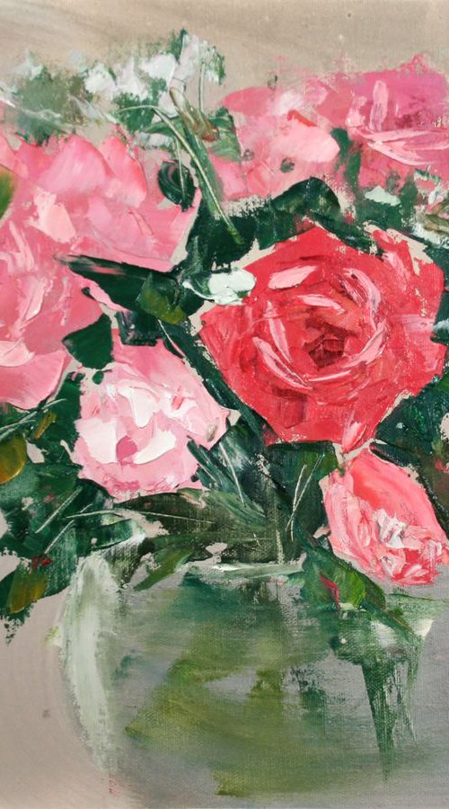 Roses. PAINTING CREATED WITH A PALETTE KNIFE / ORIGINAL PAINTING by Salana Art Gallery