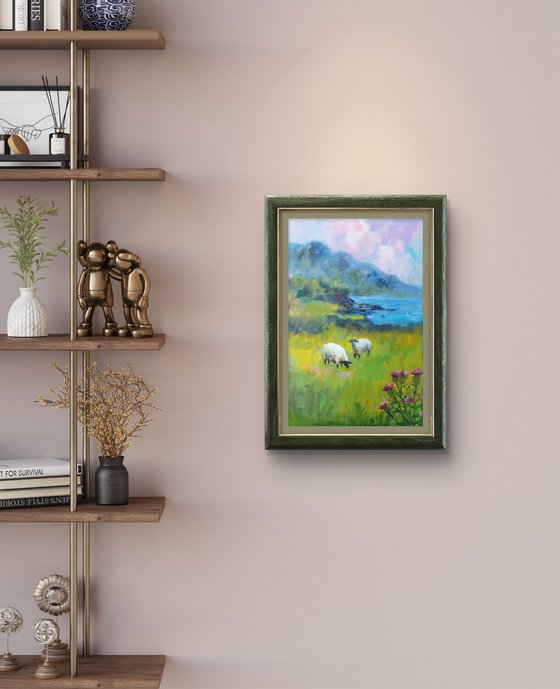 Scottish landscape, sheep on pasture