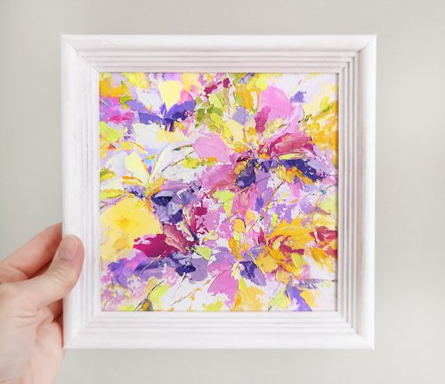 Small oil painting with colorful abstract flowers by Olga Grigo