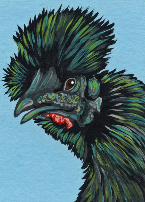 ACEO ATC Original Miniature Painting Showgirl Silkie Chicken Pet Bird Art-Carla Smale