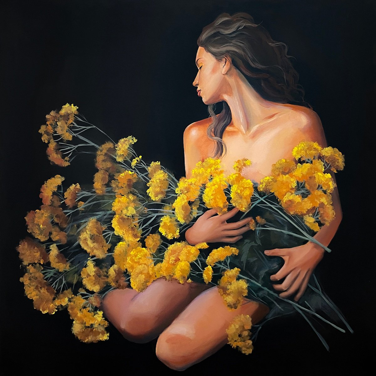 Portrait Acrylic Painting By Elina Zelena, 22 X 22, Girl In Yellow Flowers, Original Artwork