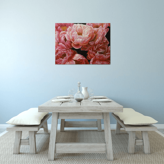 Red peonies on dark background